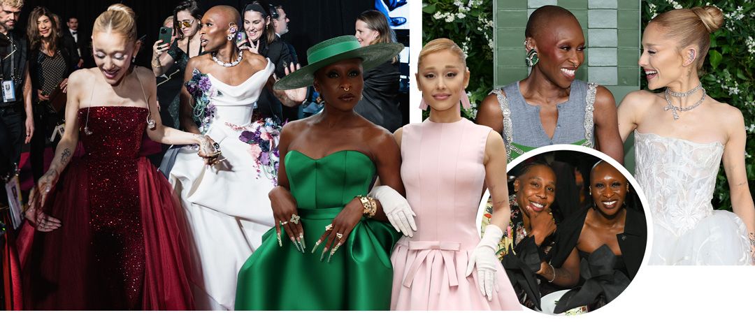 Ariana Grande and Cynthia Erivo seen backstage at the 97th Annual Oscars, 2025; Erivo and Grande attend the red carpet ahead of the opening ceremony of the Olympic Games Paris, 2024; Erivo with partner Lena Waithe at The Los Angeles LGBT Center Gala, 2024; Erivo and Grande attend the WSJ. Magazine 2024 Innovator Awards in New York City. | John Shearer/97th Oscars/The Academy via Getty Images; Matthew Stockman/Getty Images; Alberto Rodriguez/Variety via Getty Images; Dimitrios Kambouris/Getty Images for WSJ. Magazine Innovators Awards