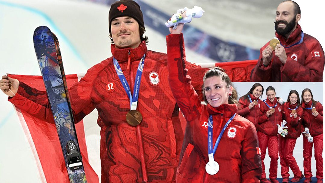 Clockwise from left: Canada's Brendan Mackay captures bronze in freestyle skiing; Steven Dubois takes home gold in men's 500m short track speed skating; the women's 3000m relay short track speed skaters, (from left) Danae Blais, Florence Brunelle, Kim Boutin and Courtney Sarault, celebrate their bronze medals; Ivanie Blondin salutes the crowd after winning silver in the speed skating women's mass start.  |   Jeff Pachoud/AFP via Getty Images; Dean Mouhtaropoulos/Getty Images; Jean Catuffe/Getty Images (Short Track Speed Skating Women's 3000m Relay team and Dubois)