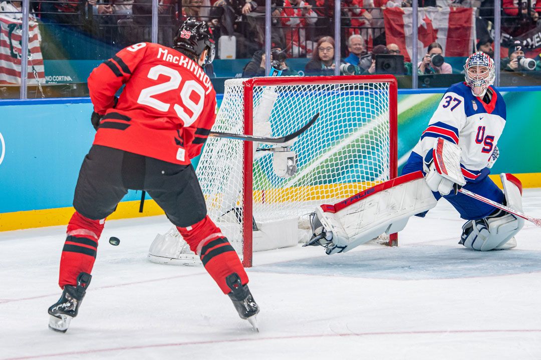 Nathan MacKinnon rings it off the iron. | RvS.Media/Monika Majer/Getty Images