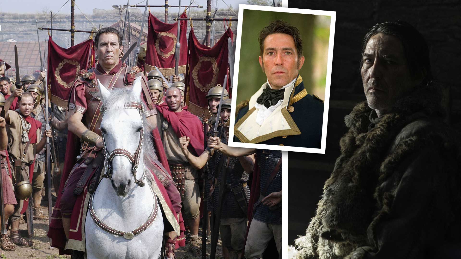 "A leader of men" is how the actor describes the bulk of his roles, including (from left to right): Julius Caesar in HBO's Rome (2005-2007); Captain Wentworth in the 1995 BBC adaptation of Persuasion; and Mance Rayder, who showed up in Game of Thrones in the third season. | RAI fiction via Getty Images; Avalon/Getty Images; Helen Sloan/courtesy of HBO