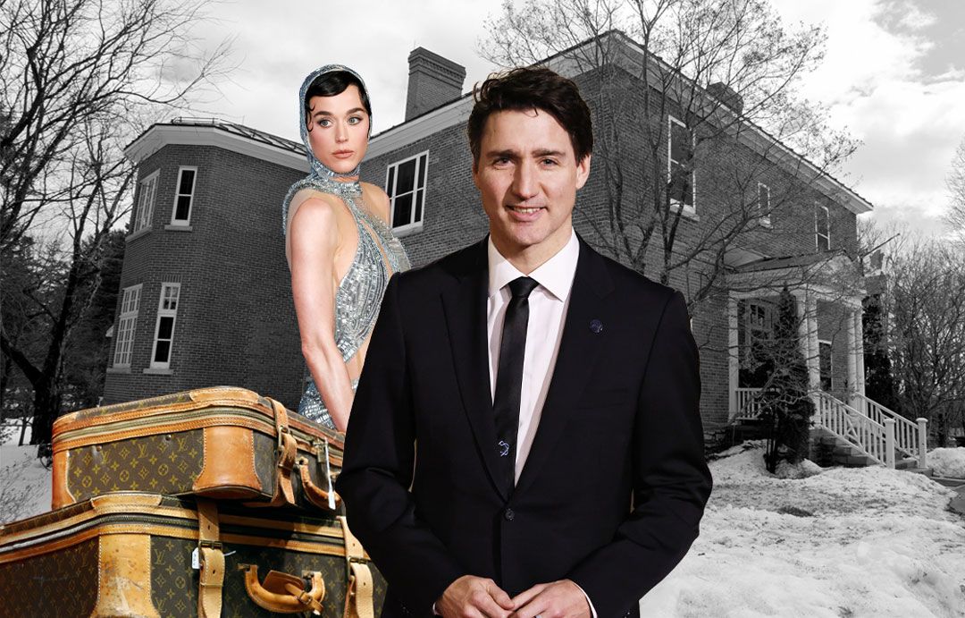 When Justin Trudeau resigned as prime minister and left Ottawa, he vacated Rideau Cottage (in background) and bought a new estate in Montreal's bougie Outrement neighbourhood, a move that received girlfriend Katy Perry's stamp of approval. | The Canadian Press/Fred Chartrand (Rideau Cottage); Matt Winkelmeyer/FilmMagic/Getty Images (Perry); Gao Jing/Xinhua via Getty Images (Trudeau); Chesnot/Getty Images (Luggage)
