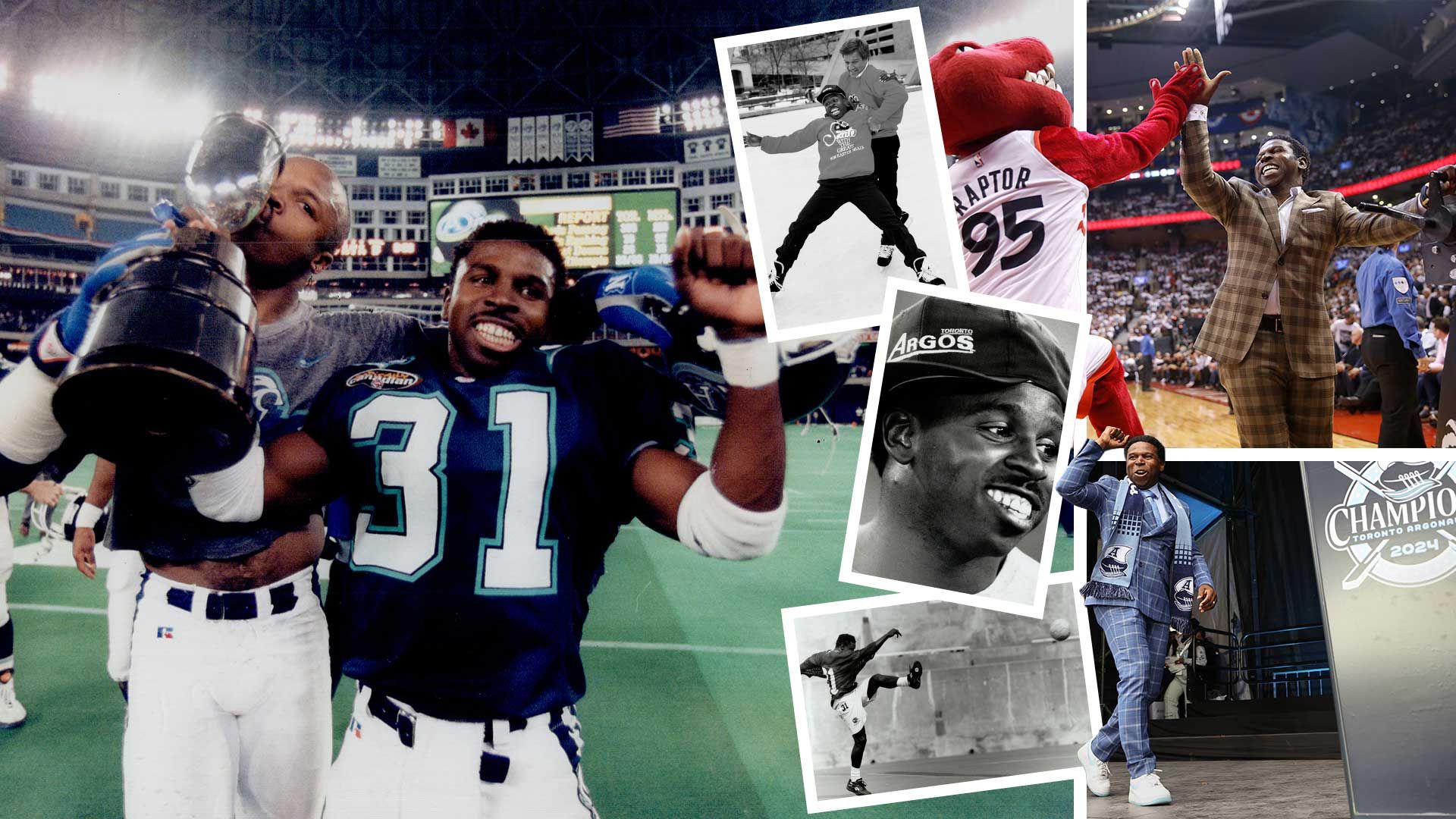 Playing it Forward Clockwise from left: Pinball celebrates the Argos Eastern Final win in Toronto, 1997; tries out skating with hockey great Bobby Orr, 1991; high-fives the Toronto Raptors mascot, 2018; celebrates with fans at the Argos 2024 Grey Cup party, shows off his athleticism at practice, 1993; and reps his beloved team, 1991. | Peter Power/Toronto Star via Getty Images; Dick Loek/Toronto Star via Getty Images; Colin McConnell/Toronto Star via Getty Images; Colin McConnell/Toronto Star via Getty Images; Toronto Star/Rick Madonik via Getty Images; Richard Lautens/Toronto Star via Getty Images