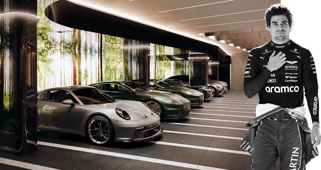 The state-of-the-art private garage is perfect for F1 nepo-kid Lance Stroll's burgeoning collection of supercars. | Rendering courtesy of 138 Yorkville; Mark Sutton/Formula 1 via Getty Images