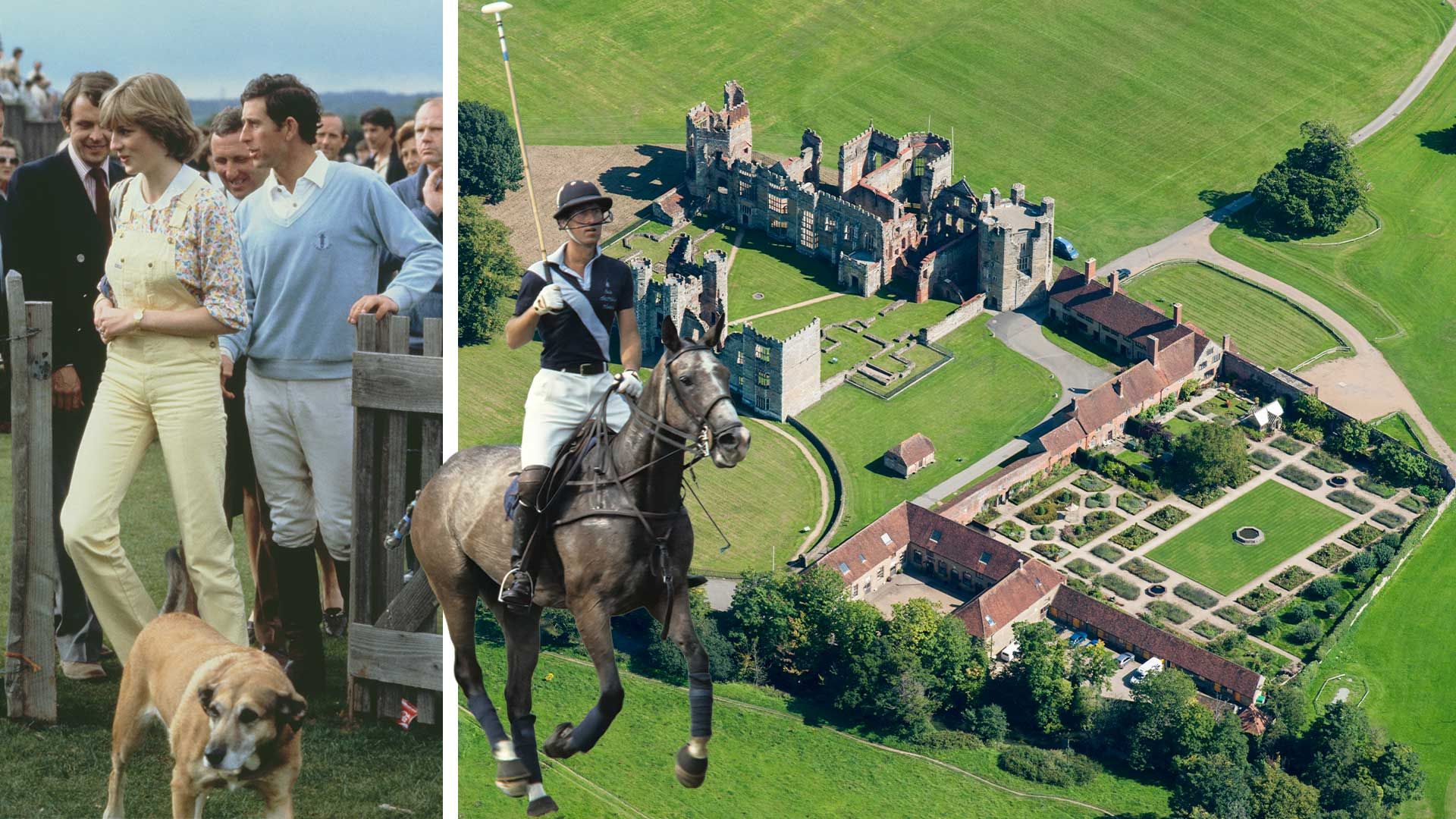 From left: Diana, Princess of Wales, at Cowdray Park Polo Club on her second wedding anniversary, 1983; Prince Charles, Prince of Wales, when he was playing for les Diables Bleus polo team; the preserved Tudor ruins of Cowdray House, West Sussex. | Princess Diana Archive/Getty Images; John Scott/Princess Diana Museum/Getty Images; English Heritage/Getty Images