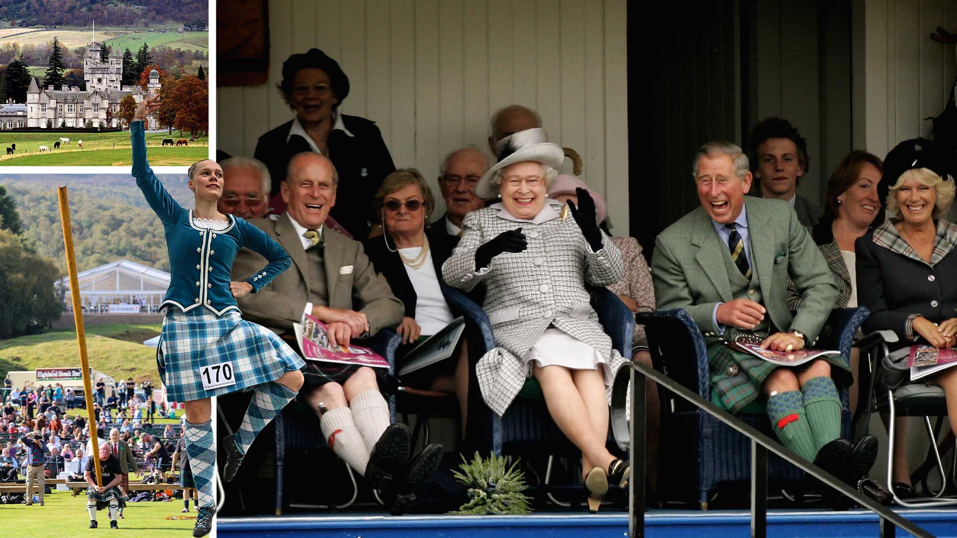 Clockwise from top left: The dramatic moorland setting of Balmoral Castle; Prince Philip, Duke of Edinburgh, Queen Elizabeth II, Prince Charles, the Prince of Wales, and Camilla, Duchess of Cornwall, laugh as they watch Balmoral compete in the tug-of-war at the Braemer Gathering, 2006; a participant competing in the Highland Dancing competition at Braemar, 2025; the Caber toss competition at the Gathering in 2024 is must-see during the british summer season. | Chris Bacon/PA Images via Getty Images; Andy Buchanan/AFP via Getty Images; Chris Jackson/Getty Images (Caber Toss and Royals)