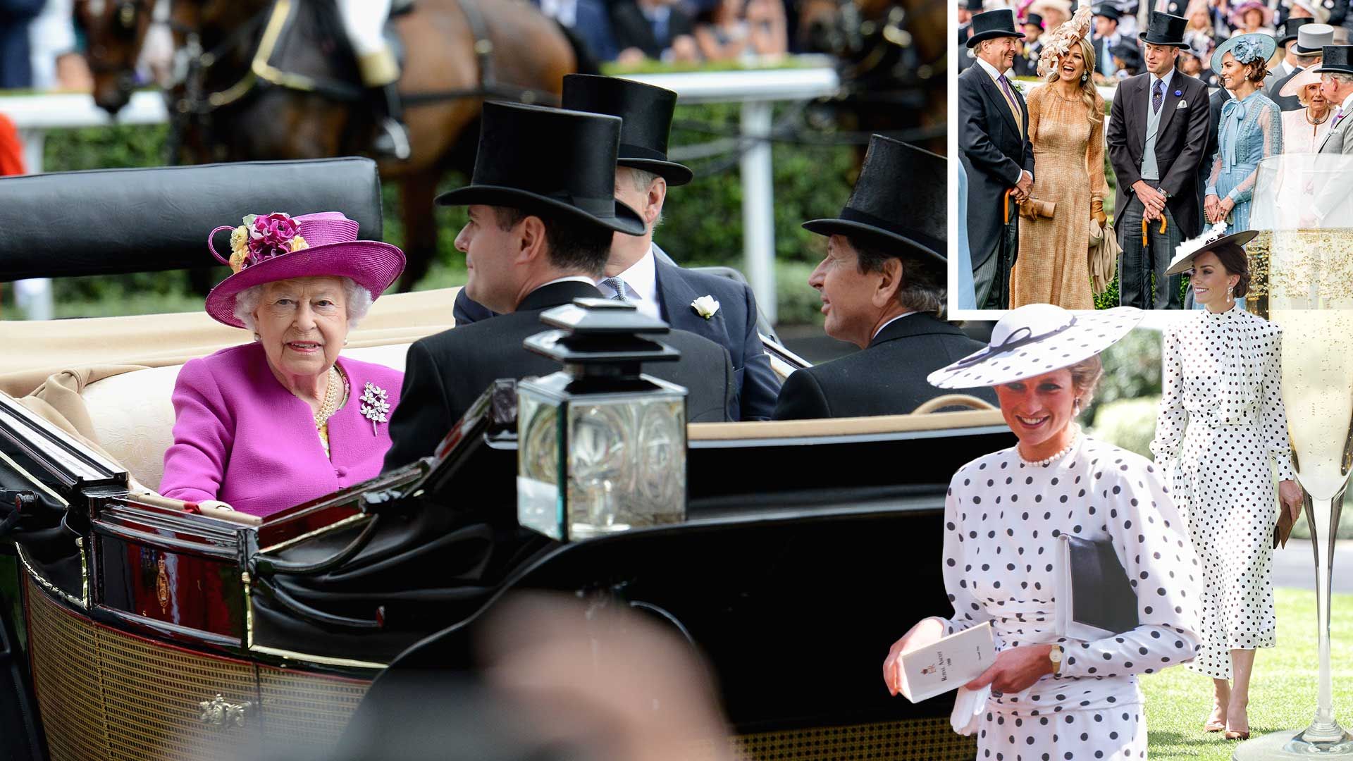 Clockwise from left: Queen Elizabeth II arrives in the Royal Procession at Ascot Racecourse, summer 2017; King Willem-Alexander and Queen Maxima of the Netherlands with William Duke of Cambridge and Catherine Duchess of Cambridge at Royal Ascot, 2019; Catherine, Duchess of Cambridge in a polkadot dress in 2022; Diana, Princess of Wales in polkadots and pearls at Ascot, summer 1988. | Kirstin Sinclair/Getty (Images for Ascot Racecourse); Patrick van Katwijk/Getty Images; Chris Jackson/Getty Images; Julian Parker/UK Press via Getty Images.