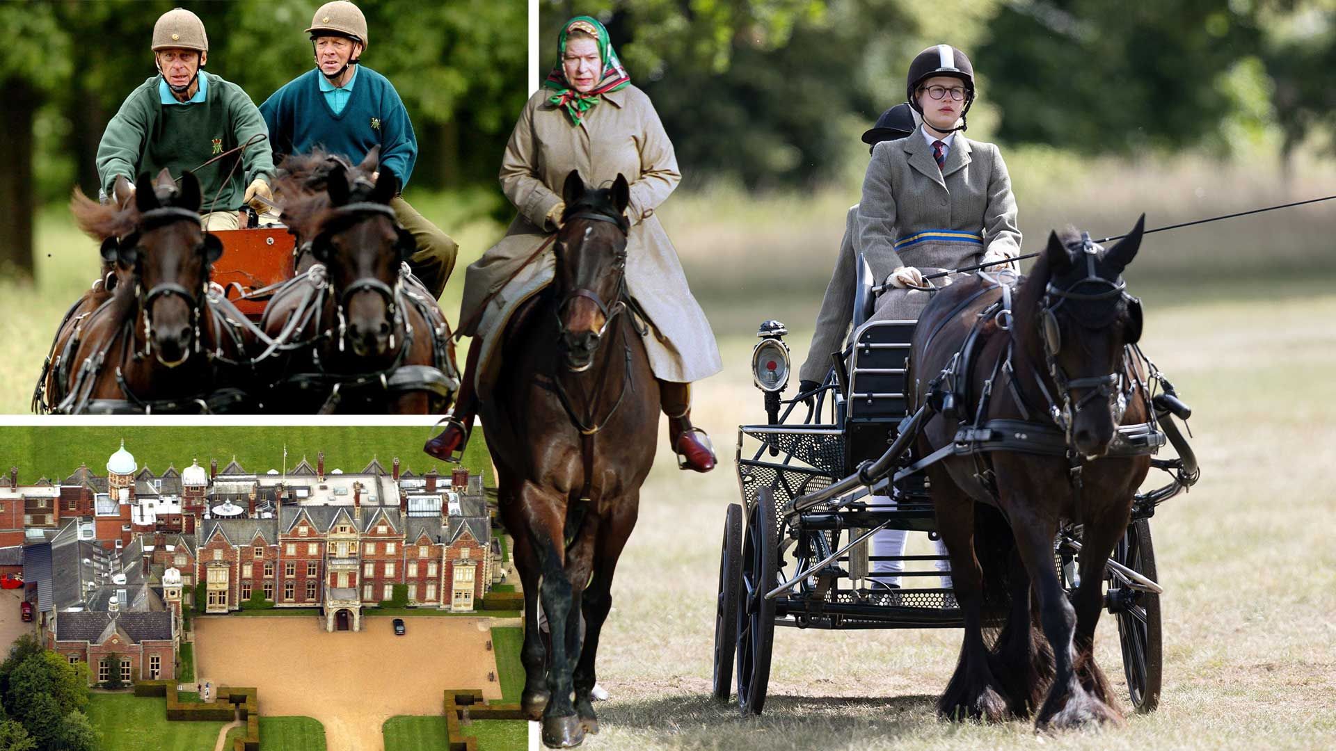 Clockwise from top left: Prince Philip racing a four-in-hand at Sandringham Horse Driving Trials, Norfolk; the Queen riding on the grounds of her Sandringham estate enjoying the British summer; Lady Louise Mountbatten-Windsor, Philip's granddaughter, has become an adept carriage-racer. | Chris Radburn - PA Images/PA Images via Getty Images; Julian Parker/UK Press via Getty Images; Andrew Parsons - PA Images/PA Images via Getty Images