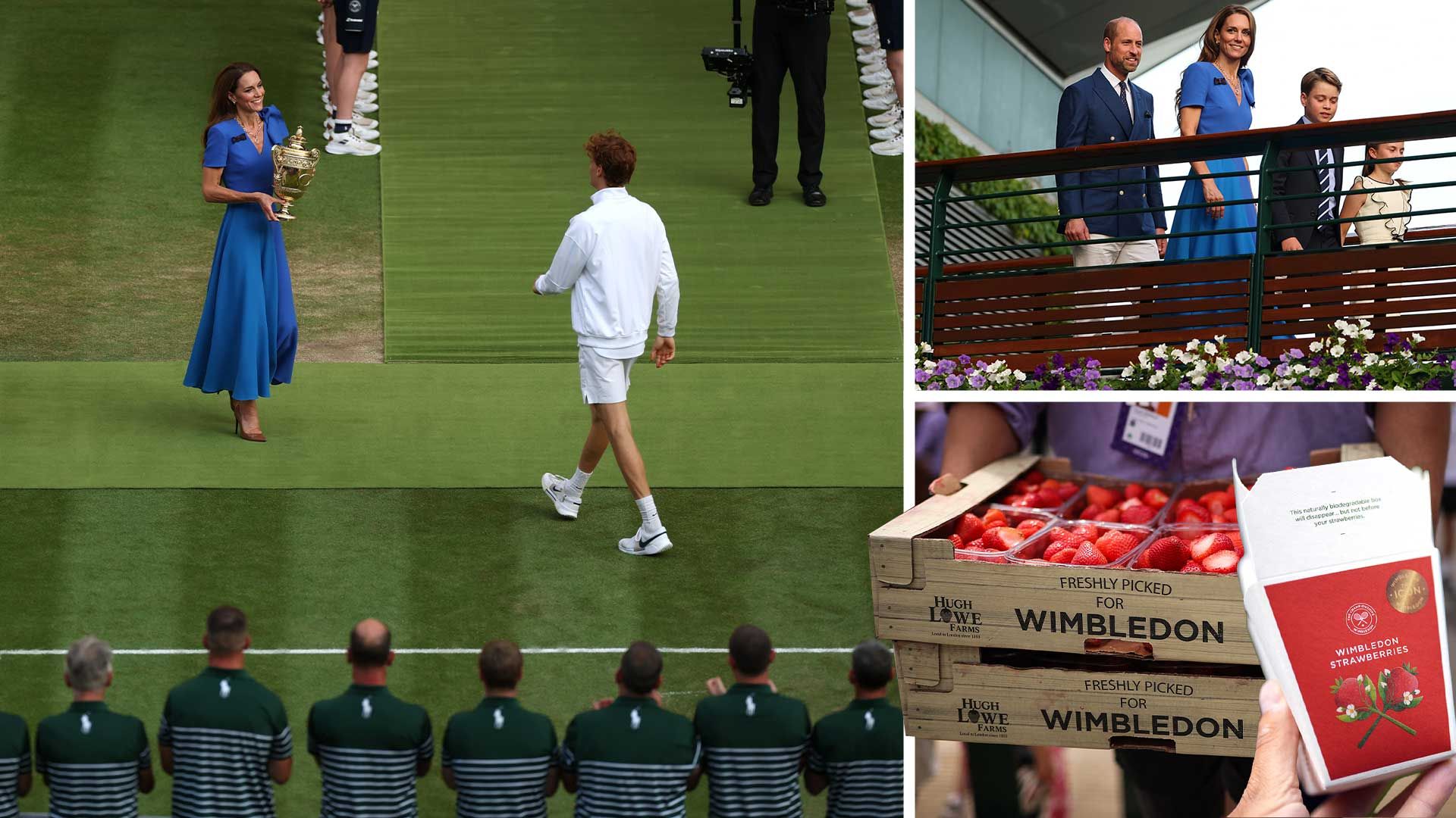 Clockwise from left: Catherine, Princess of Wales, presenting the Gentlemen's Singles Trophy to Jannik Sinner of Italy, 2025; Prince William, Catherine, Princess of Wales, Prince George and Princess Charlotte cross the player's walkway bridge, summer 2025; the strawberries and cream that Wimbledon is famous for. | Ezra Shaw/Getty Images; Julian Finney/Getty Images; HENRY NICHOLLS/AFP via Getty Images; Jordan Pettitt/PA Images via Getty Images.