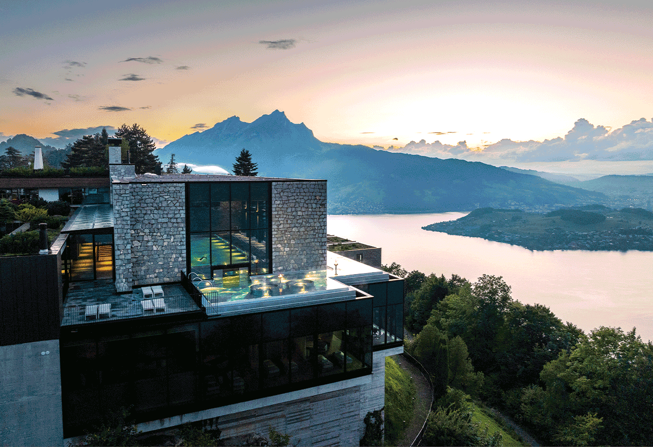 Images from first to last: the Alpine Spa's outdoor infinity pool; the pool seen from above; the Kneipp therapy pools; the staggering aquatic view. | ©Bürgenstock-Hotels AG