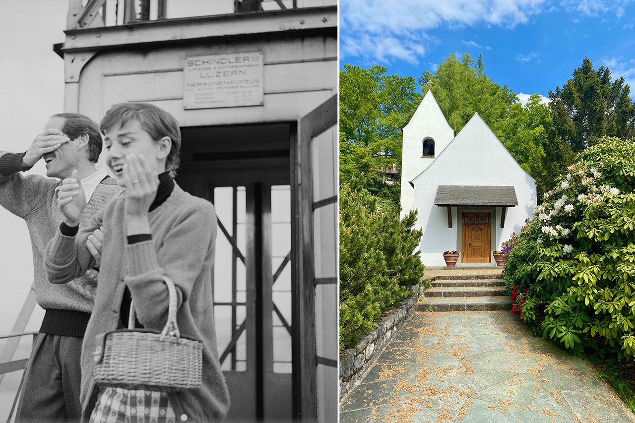 Audrey Hepburn with her husband, American actor Mel Ferrer, at the top of the Hammetschwand Lift at the summit of the Bürgenstock; the Bürgenstock Chapel, where the couple married in 1955. | Graphic House/Archive Photos/Getty Images; Courtesy of the author