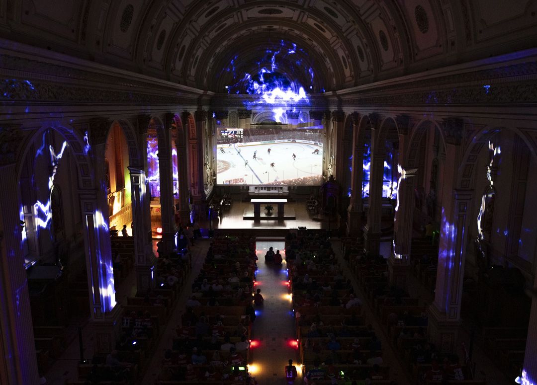 Montreal Canadiens play the Tampa Bay Lightning during NHL playoff hockey action in the Cathedral of Saint-Jean-l'Evangeliste in Saint-Jean-sur-Richelieu, Quebec, 2026. The Canadian Press/Edouard Desroches