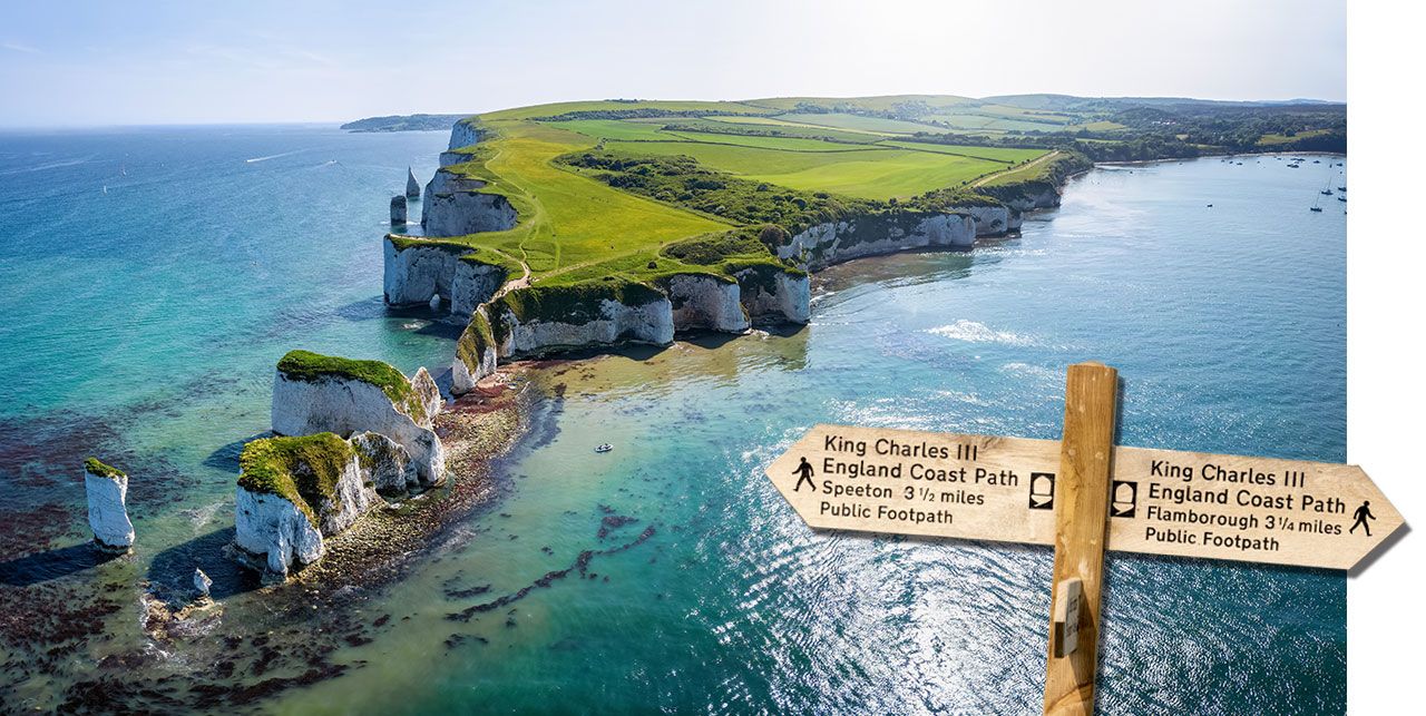 The Old Harry Rocks on Dorset's Jurassic coast are part of the King Charles III trail. slow travel in Europe